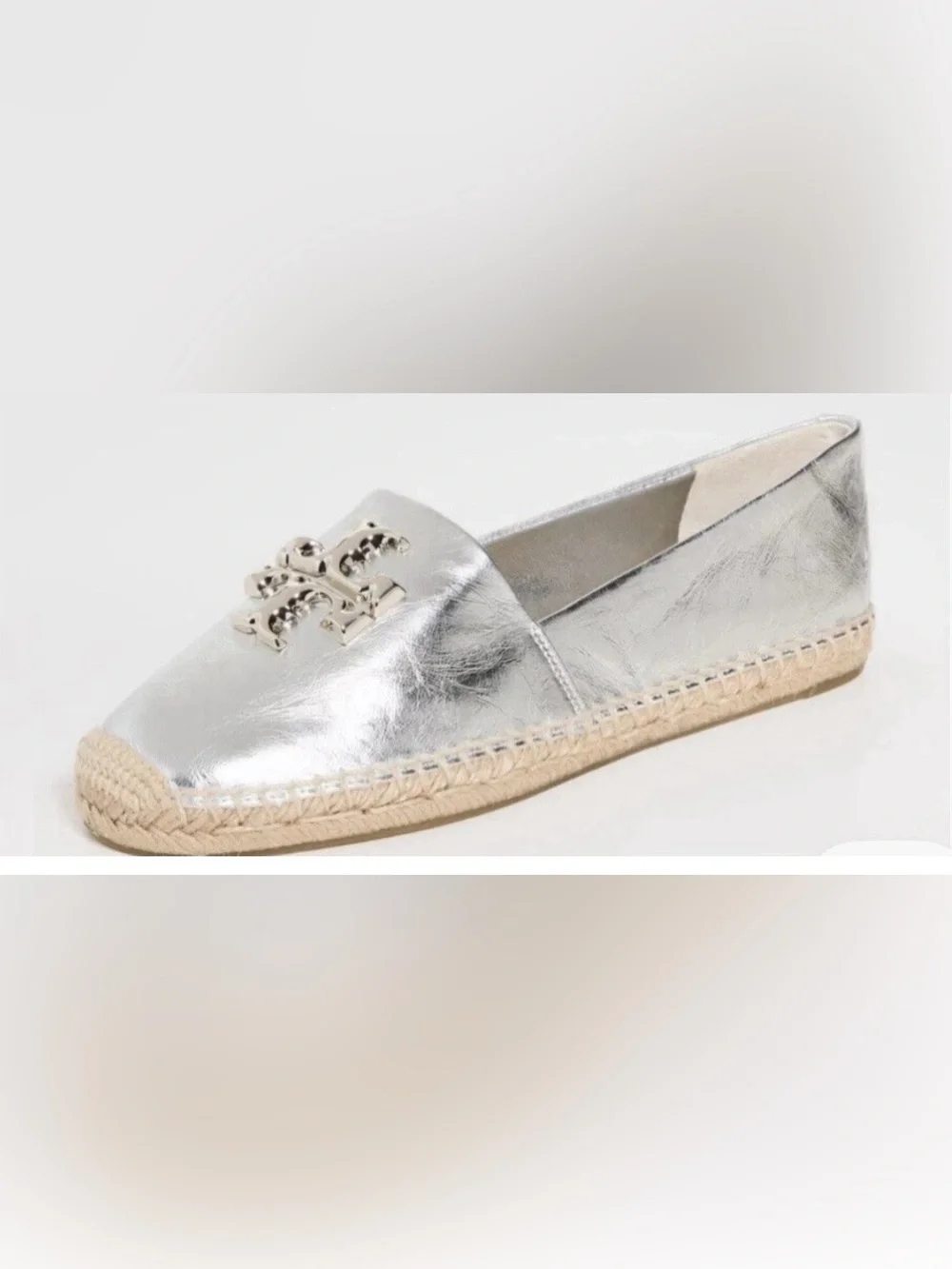 Tory Burch Eleanor Logo Espadrille Leather Flat Metallic Silver US 11.